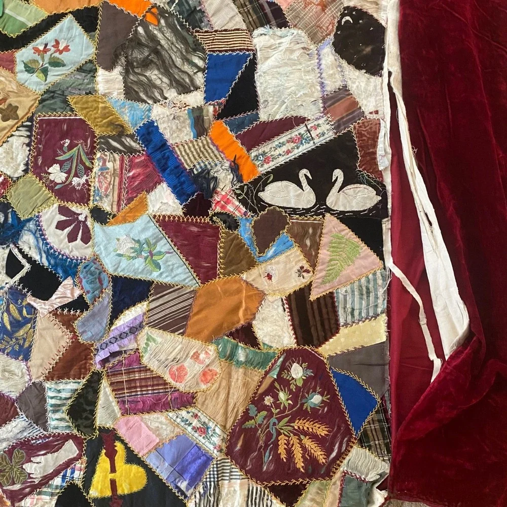 Antique Victorian Crazy Quilt Hand Embroidered Silk Velvet Patchwork Red Damaged